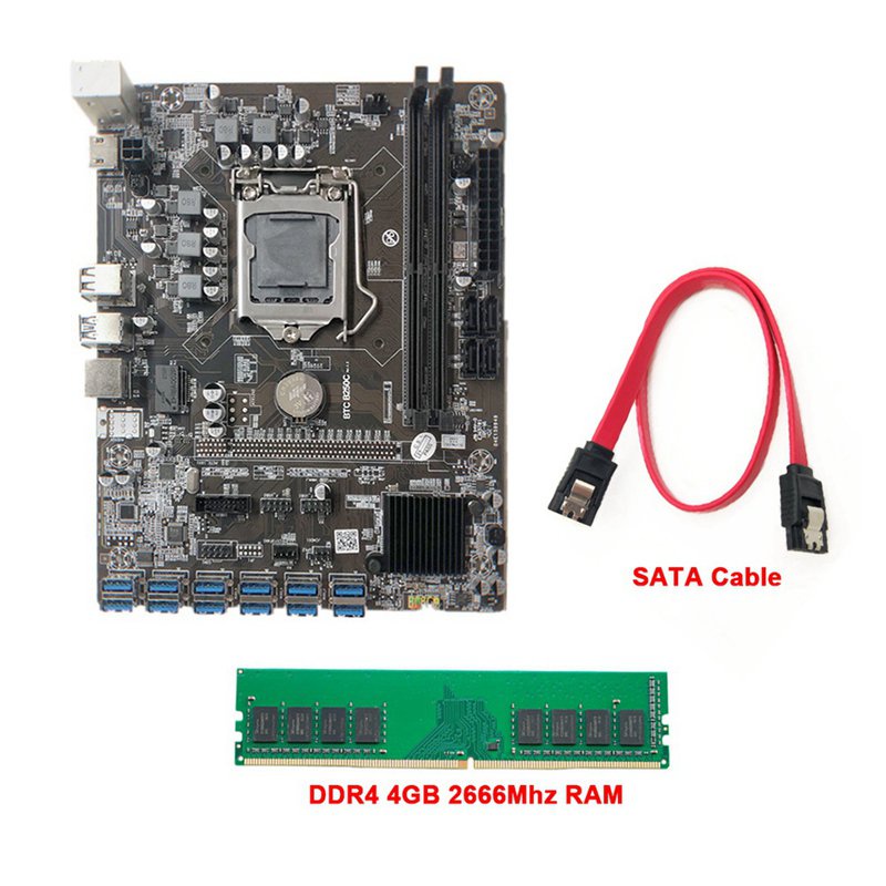 B250C BTC Mining Motherboard+DDR4 4G 2666MHZ Memory 12XPCIE to USB3.0 Graphics Card Slot LGA1151 Computer Motherboard LT