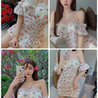 เดรสสั้นสุดหวาน สีขาวลายดอกไม้สีชมพู งานเข้า