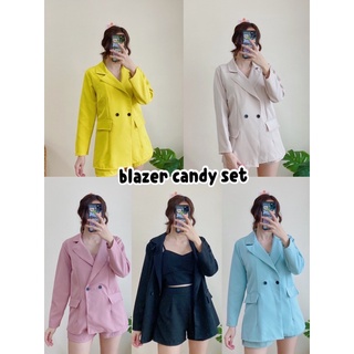 blazer candy set 3ชิ้น ชุดเซตเบลเซอร์ โทนสีสุภาพ โทนสีหวานๆ ตัวเบลเซอร์ใส่คลุมไปทำงาน ไปคาเฟ่ได้