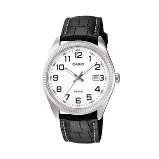 Casio นาฬิกาข้อมือผู้ชาย สีดำ/หน้าขาว สายหนัง รุ่น MTP-1302L-7BVDF