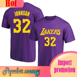 เสื้อยืดคอกลมฟชั่น◐ชุดที่ระลึก Lakers No. 32 Irvin Johnson Jersey Training Short Sleeve T-Shirt Magician Basketball Half