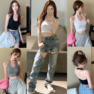 🔥ราคาถูกที่สุด🔥เสื้อกล้ามครอปทรงคล้องคอแฟชั่น 3 สี