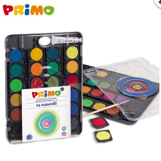 ชุดสีน้ำก้อน PRIMO 12 สีและ 24 สี พร้อมพู่กันและสีขาว 1 หลอด บรรจุกล่องโลหะ 2 ชั้น