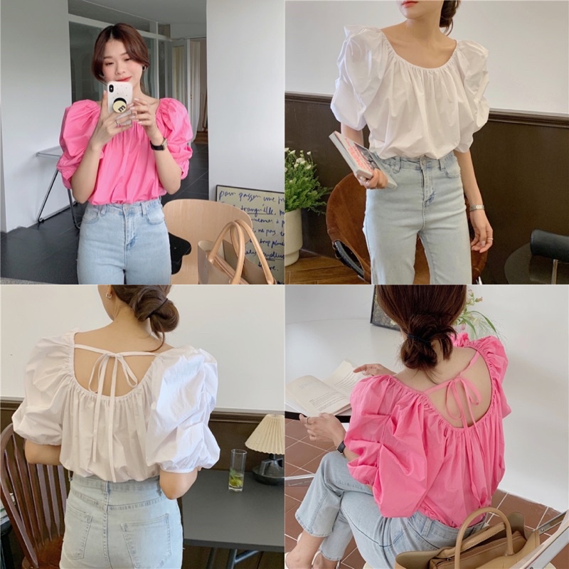 เสื้อแขนสั้นทรงบอลลูน ผูกโบว์หลัง