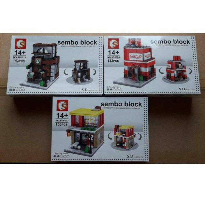 Sembo Block set 3 อัน มินิบล็อค บล็อคตัวต่อเลโก้ร้านค้า ร้านน้ำ ร้านกาแฟ ร้านเบอร์เกอร์ Coca-cola Coffee Mcdonald's Lego