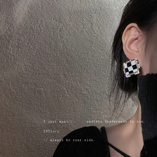 925 Silver Needle Diamond Black and White Plaid Stud Earrings Korean Cold Style Square Earrings Simple Temperament Earri