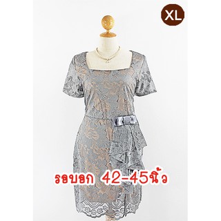 E2135-3-XL-ชุดเดรสคนอ้วน สีเทา ผ้าลูกไม้คอตต้อน คอเหลี่ยม จับจีบระบายด้านข้างการะโปรง