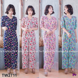 SS2711 Jumpsuit จั้มสูทขายาวแขนสั้น คอวี ลายแมว