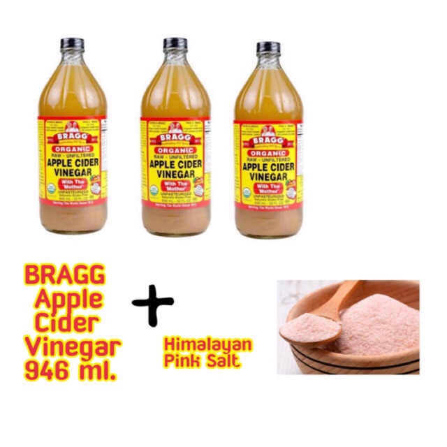 Bragg Apple Cider vinegar 946 ml. X3 ขวด พร้อมกับ Himalayan Pink Salt 500g.