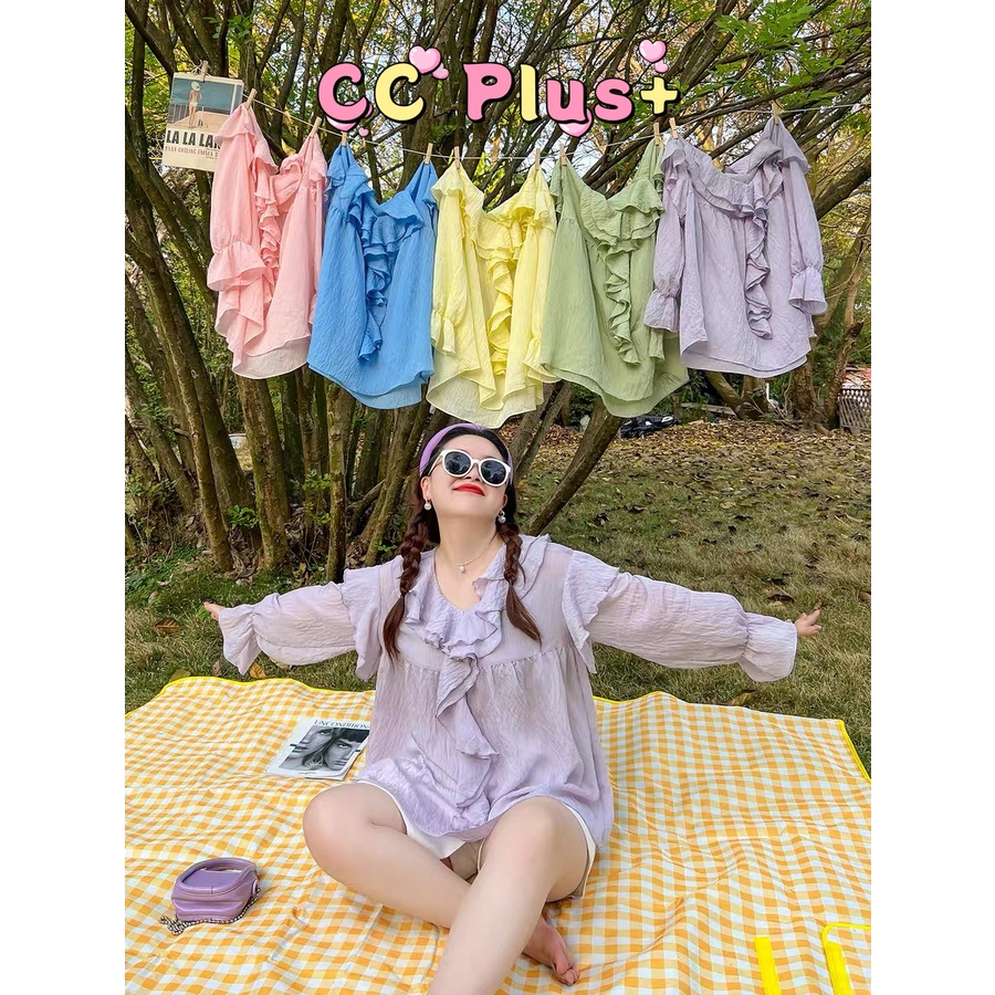 CiCi Plus+(3032)เสื้อแขนยาว แต่งระบายขอบสีพาสเทลน่ารักมากๆจับแมชง่ายใส่สบายสาวอวบอ้วนPlus Size