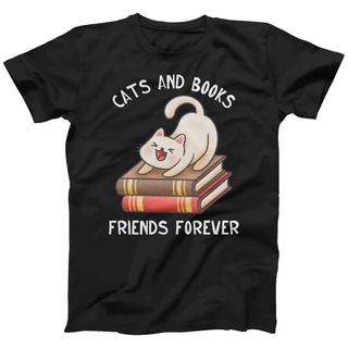 ผ้าฝ้ายแท้เสื้อยืด พิมพ์ลาย Cats And Books Lover สําหรับผู้ชายS-4XL