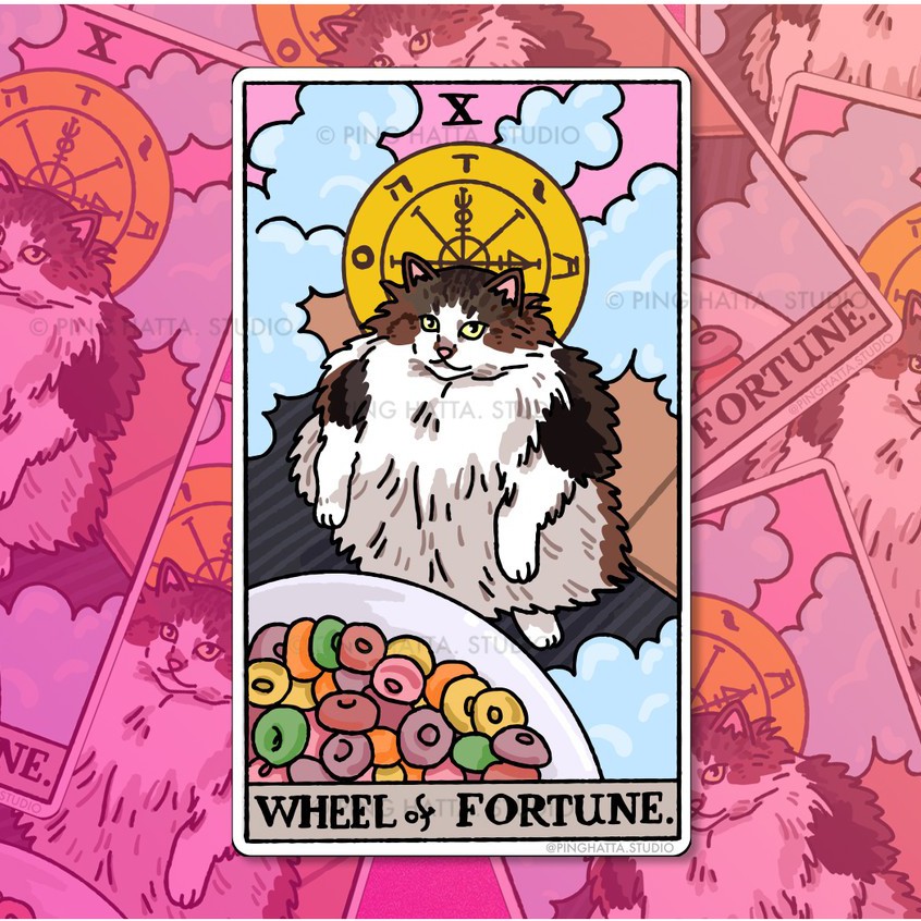 Labels & Stickers 55 บาท สติ๊กเกอร์ไดคัท กันน้ำ ลายมีมแมว ไพ่ทาโรต์ Wheel of Fortune Cat Meme Sticker แบรนด์ Chonky Goods funny cat cereal tarot Stationery