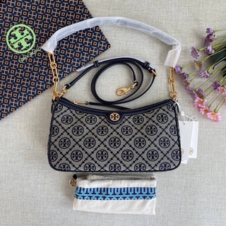 (ผ่อน0%) กระเป๋าสะพาย Tory burch T Monogram Jacquard Studio Shoulder Bag Style number 85137 สีกรมท่า งานshop สะพายไหล่