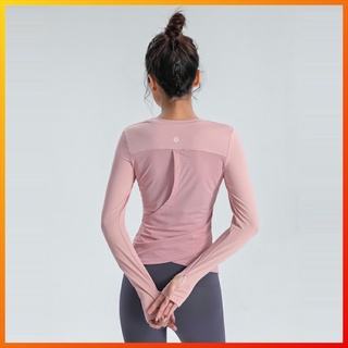 Lululemon  ใหม่ เสื้อกีฬาโยคะ แขนยาว แห้งเร็ว ผ้าตาข่าย ยืดหยุ่น ออกแบบไขว้หลัง สําหรับผู้หญิง 1291