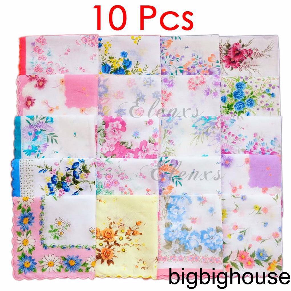 [Biho] 10x Lady Child Cotton Flower Vintage Handkerchiefs Quadrate Hankies 30x30cm