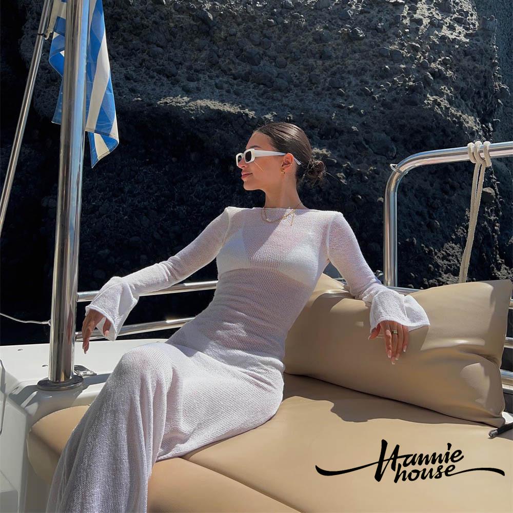 Hannie- ชุดว่ายน้ํา แขนยาว ผ้าเชียร์ เปิดหลัง สีพื้น สําหรับผู้หญิง