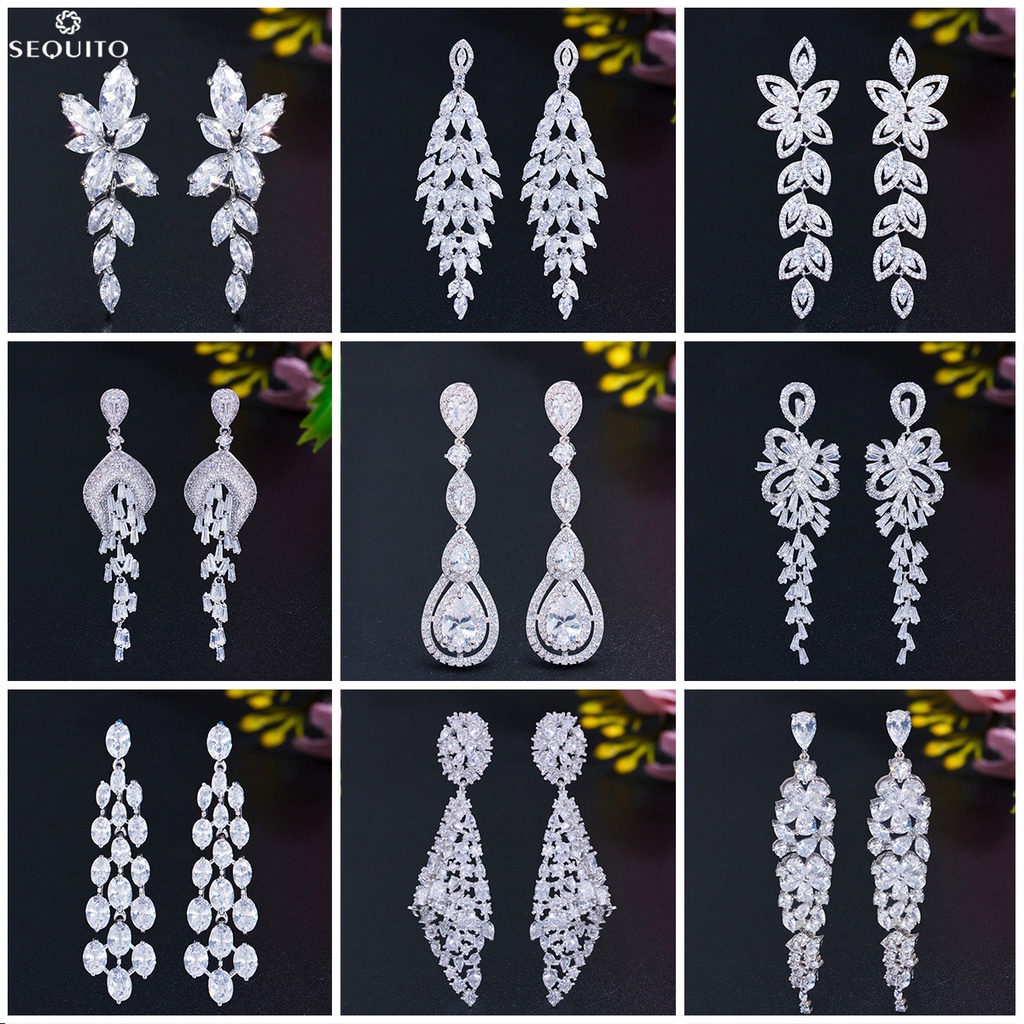SEQUITO เจ้าสาวงานแต่งงาน Cubic Zirconia เพชรคริสตัล Long Drop Dangle ต่างหูผู้หญิงเงินสีเครื่องประดับ E613