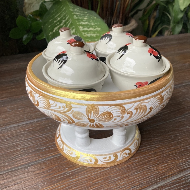 พานขันโตกไม้ ขนาด 5-6-8 นิ้ว พานเพ้น สีขาวลายทองทองไม้ พานขันดอก ขันโตกไม้