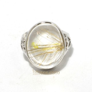 แหวนไหมทอง Rutilated Quartz แหวนเงิน ขนาดหัวแหวน 2x1.5 เซน สูง 9 มม แหวนเบอร์ 8 - 10 หรือ 57 - 62