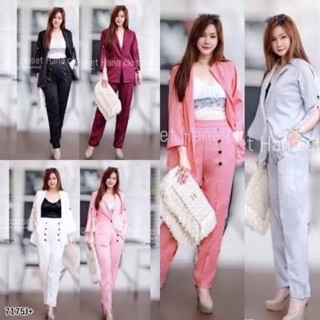 PE7175  Set 2 ชิ้น #สาวอวบ เสื้อสูทแขนผ่า ติดกระดุมหน้า มาพร้อม กางเกงเอวสูง