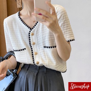 Sterrashop - With-it knit top เสื้อครอปผ้าไหมพรมแขนสั้น 2 สี