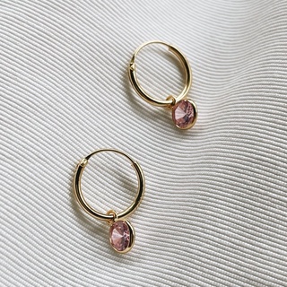 12mm Pink CZ Dangle Hoops, 18K Gold Plated Sterling Silver Earrings E0081 | เงินแท้ 925 ชุบทองเเท้ 18 กะรัต