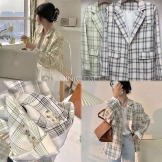 เสื้อBlazer Oversize ผ้าสูทตารางใส่ทำงานได้ ใส่เที่ยวสวย ซับในทั้งตัว กระเป๋าจริง งานตัดเย็บเริ่ด