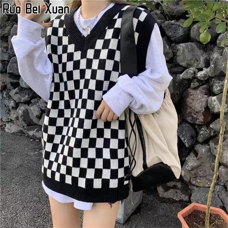 Ruo Bei Xuan เสื้อกล้าม คอวี แขนกุด ลายตารางหมากรุก ทรงหลวม สําหรับผู้หญิง