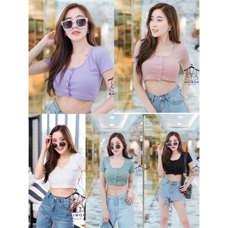 Pink-shop(พร้อมส่ง)🔥เสื้อครอปกระดุมหน้า แขนสั้น เสื้อครอปแขนสั้น น่ารัก