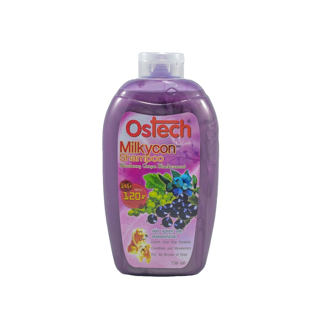 Ostech ออสเทค แชมพู มิลล์กี้คอน สำหรับสุนัข กลิ่นบลูเบอรี่ องุ่น เเบล็คเตอร์เร้นท์ ขนาด 750 ml.
