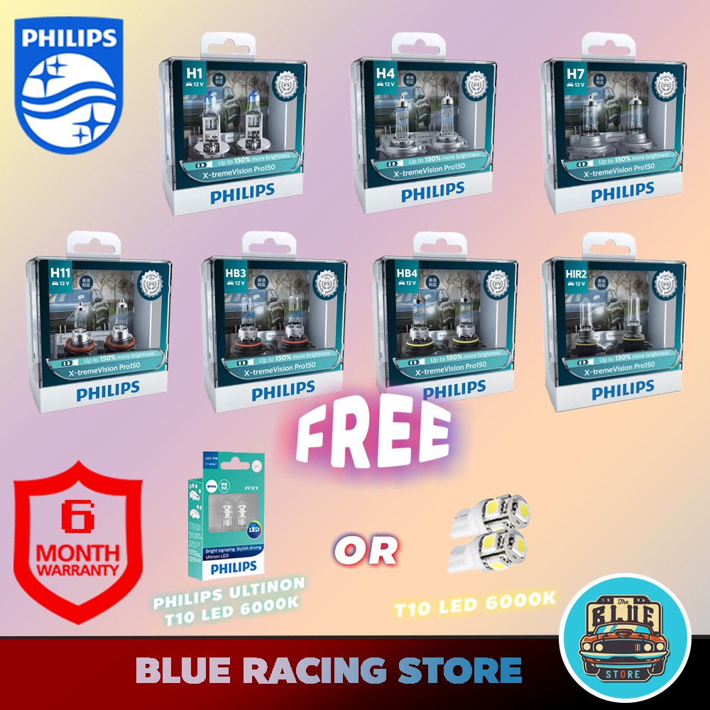 [ลด60ใส่E7BZF3] หลอดไฟหน้า PHILIPS:X-Treme Vision Pro150 H1 H4 H7 H11 HB3 HB4 HIR2 หลอดไฟหน้ารถยนต์ 