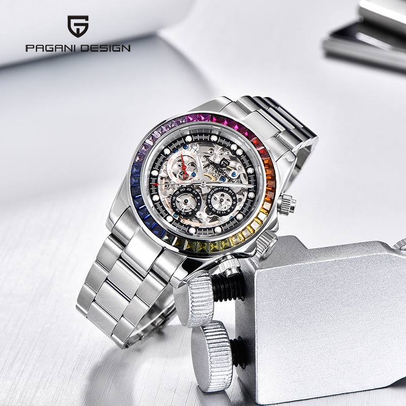 PAGANI DESIGN Luxury Rainbow Diamond Bezel นาฬิกาผู้ชายสแตนเลส Sapphire Glass นาฬิกากันน้ําสําหรับผู้ชาย PD-1653