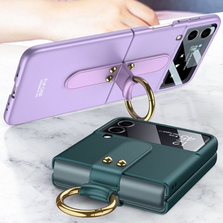 สําหรับ Samsung Galaxy Z Flip 5 เคสพลาสติกแข็ง พร้อมเลนส์กล้องด้านหลัง กระจกนิรภัย Z Flip 4 Flip 3 เคสแหวนนิ้ว ฝาครอบด้าน