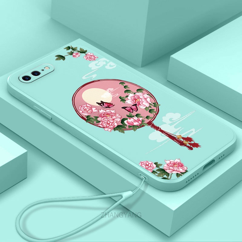 Iphone 6 6s 6s plus 7 7 plus 8 8 plus เคสซิลิโคน ขอบตรง นิ่ม ดอกโบตั๋น ดอกไม้ พัดมือ เคสโทรศัพท์ ส่งเชือกเส้นเล็ก