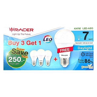 [พร้อมส่ง] HomeDoDee หลอดไฟแอลอีดี RACER KATIE LED A60 7 วัตต์ DAYLIGHT E27 3 แถม 1 สีขาว หลอดไฟ LED