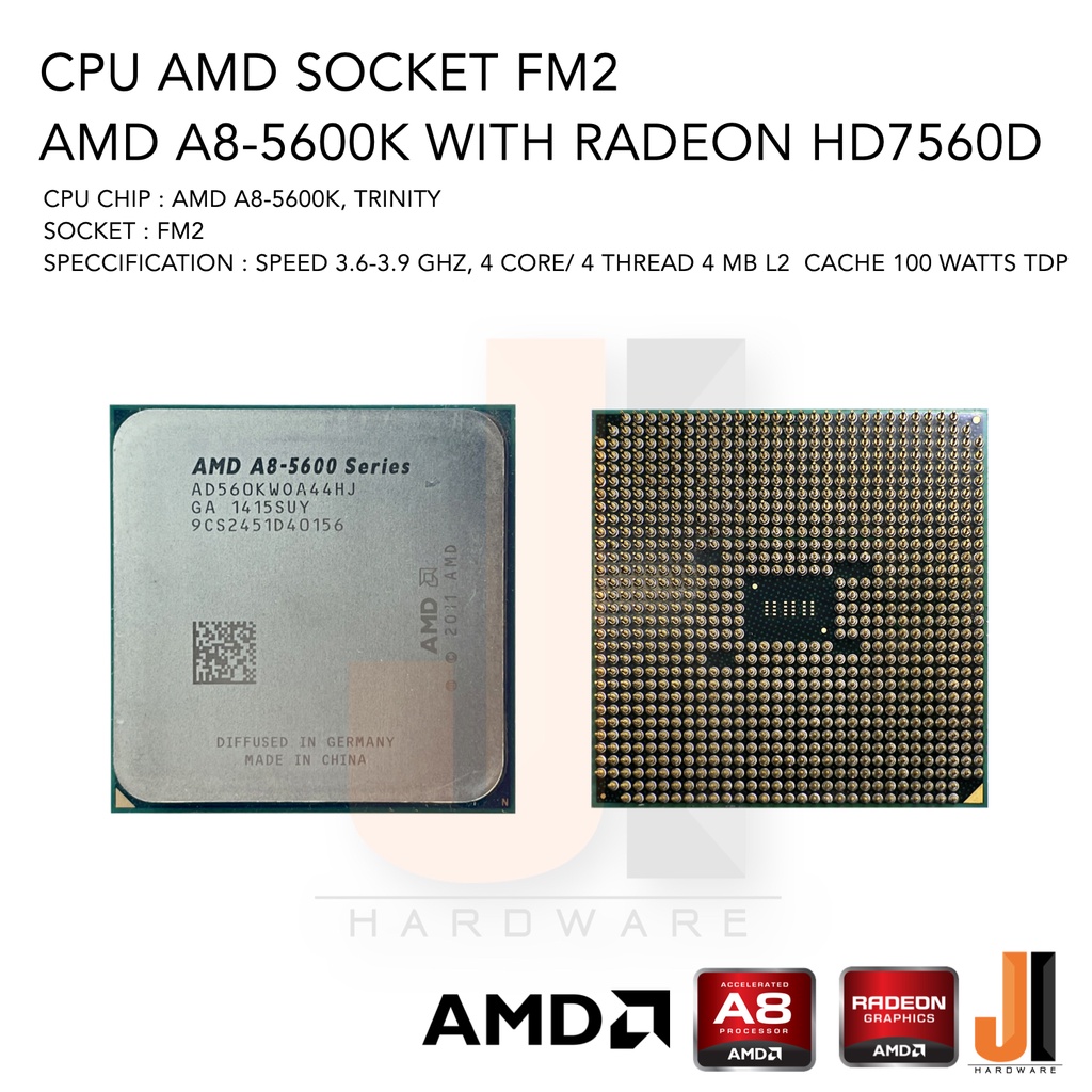 CPU AMD A8-5600K 4 Core/ 4 Thread 3.6-3.9 Ghz 4 MB L2 Cache 100 Watts TDP No Fan Socket FM2 (สินค้าม