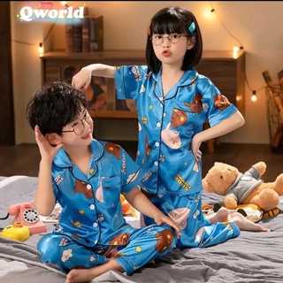 🇹🇭(ส่งจากไทย）boy and girl Pajama satin ลายวสิงโต ชุดนอนเด็กผ้าซาติน   เสื้อแขนสั้น+กางเกงขายาว ผ้าบาง👚👖（1-10year）ๆ