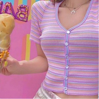 เสื้อครอปไหมพรมคอวีกระดุมหน้า ลายริ้ว สินค้านำเข้าพร้อมส่ง