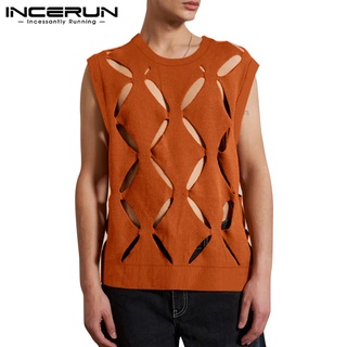 Incerun เสื้อกล้ามลําลอง แขนกุด ระบายอากาศ ฉลุลาย สําหรับผู้ชาย