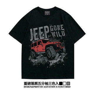 เสื้อยืดโอเวอร์ไซส์❀✱ผู้ขับขี่รถจี๊ป Wrangler off-road จะปล่อยไหล่หลวมขนาดใหญ่หลวมขนาดใหญ่เสื้อยืดแขนสั้นแขนสั้นผู้ชายแล