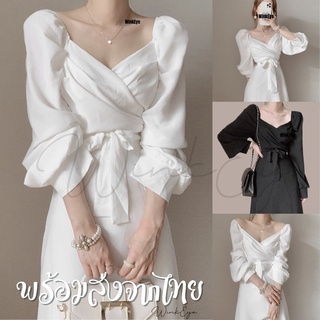 (Dress5-83)พร้อมส่ง Ribbon Dress ผ้าชีฟอง โบว์ผูกแขนยาว เดรสเปิดไหล่ Pre-Wedding เจ้าสาว พรีเวดดิ้ง สวยหวานละมุนมาก