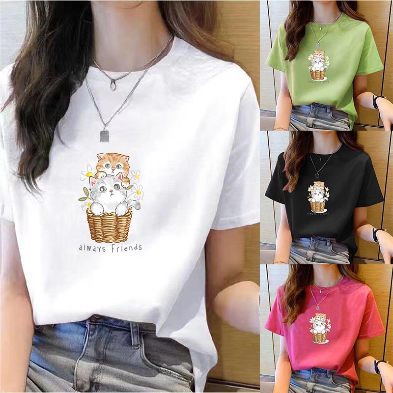 เสื้อยืดคอกลม แขนสั้น พิมพ์ลายการ์ตูน ทรงหลวม โอเวอร์ไซซ์ สไตล์เกาหลี เหมาะกับฤดูร้อน สําหรับผู้หญิง