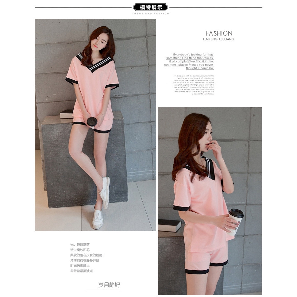 Set_bp1664 ชุดเซ็ท 2 ชิ้น(เสื้อ+กางเกง) เสื้อคอวีแขนสั้น+กางเกงขาสั้นเอวยืดมีกระเป๋าข้าง ผ้าคอตตอนเน