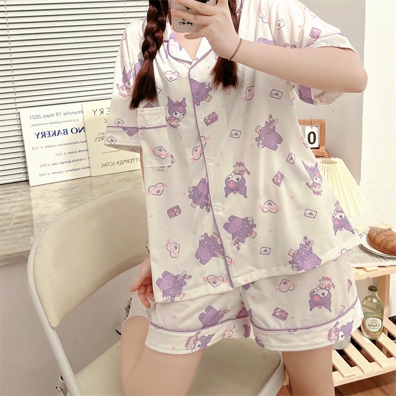 Syชุดนอนผู้หญิง  ชุดเสื้อ+กางเกง  สไตล์ญี่ปุ่น ผ้าพิมพ์ลายน่ารัก สวมใส่สบาย เสื้อผ้าผู้หญิง