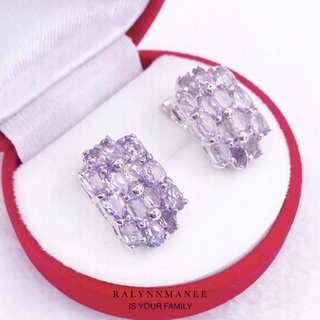 T6434 ต่างหูพลอยอเมทิสต์แท้ ( Amethyst ) แบบอิงลิชล็อค ตัวเรือนเงินแท้ 925 ชุบทองคำขาว