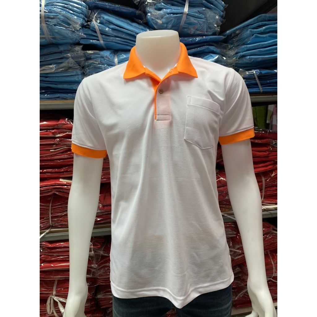 เสื้อโปโลสีขาวปกสีส้ม ปลายแขนจั๊มสีส้ม เสื้อโปโลทำงาน