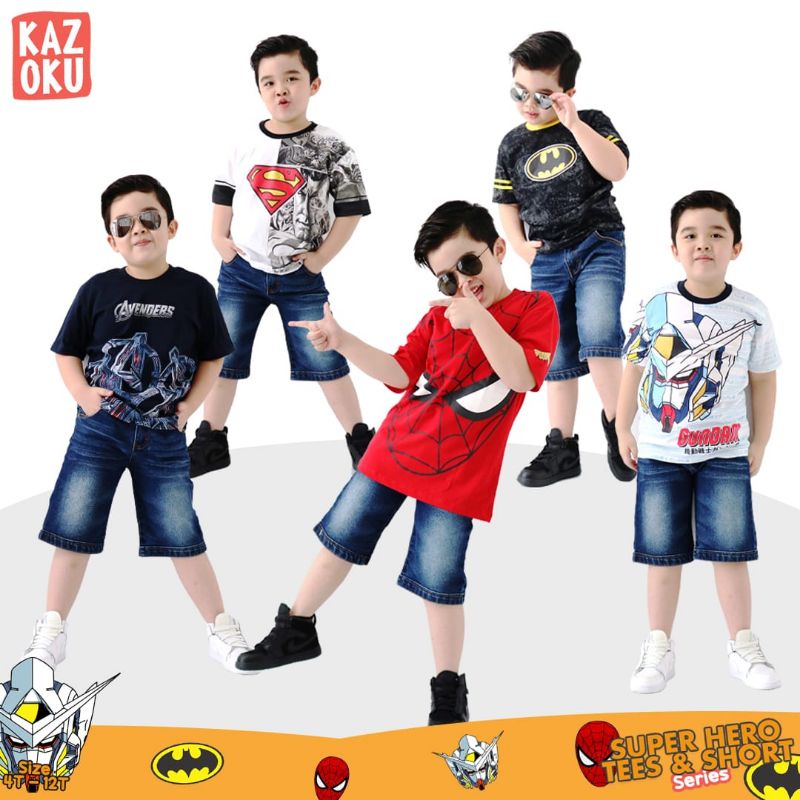 Kazoku BOYS SUPERHERO JEANS ชุดเสื้อยืด 4-12 ปี / TEES & SHORT