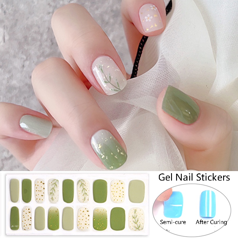 24 ชิ้น เกาหลี กึ่งโค้ง เจล สติกเกอร์ติดเล็บ Sage Green Series ส่องไฟ เจล แถบเล็บ โรสแมรี่ DIY ตกแต่งเล็บ