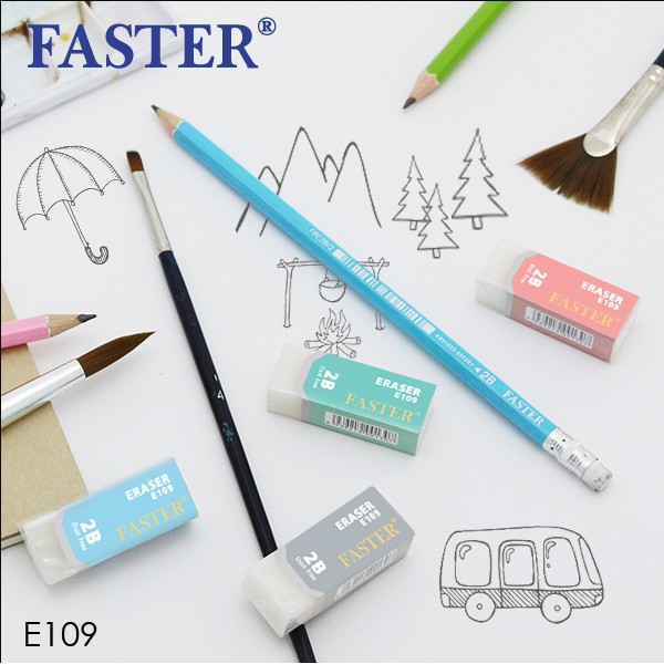 ยางลบดินสอ มีรอยประฉีกที่หุ้มได้ตามระดับที่ใช้  faster E109