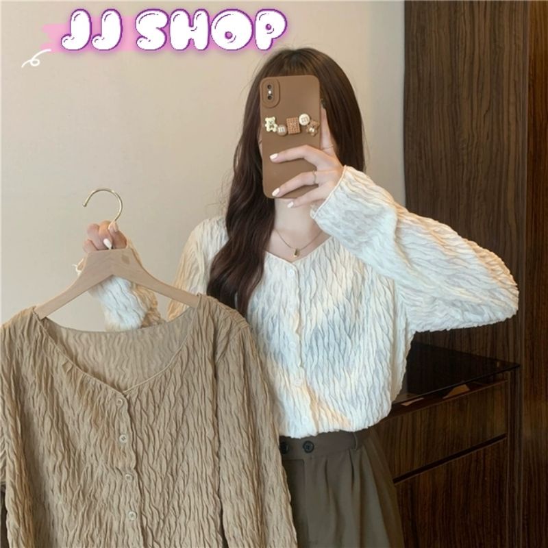 JJ Shop​ ​พร้อมส่ง เสื้อคอวีไหมพรมแขนยาว ผ้าบางนิ่มใส่สบาย "8K18"